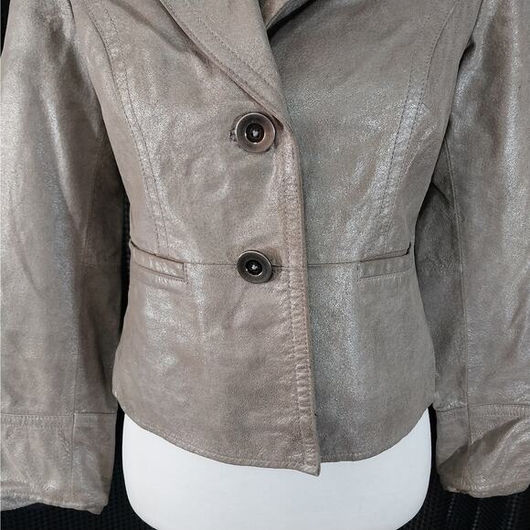 I.E.! GOLDEN TAN/BEIGE SHIMMER, FINE GENUINE LEATHER CROPPED JACKET, COAT! SZ S - Picture 5 of 12